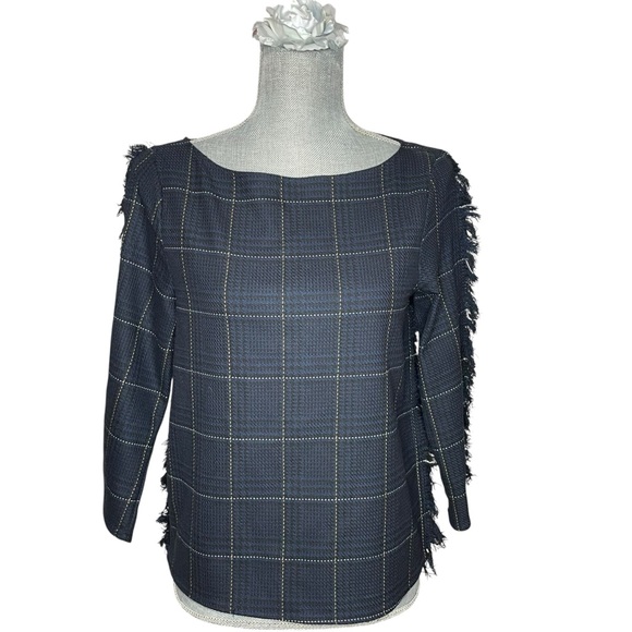 H&M Blue Black Plaid Ruffle Fringe Sleeve Size Boat Neck Top Shirt Size 4 - Picture 1 of 12